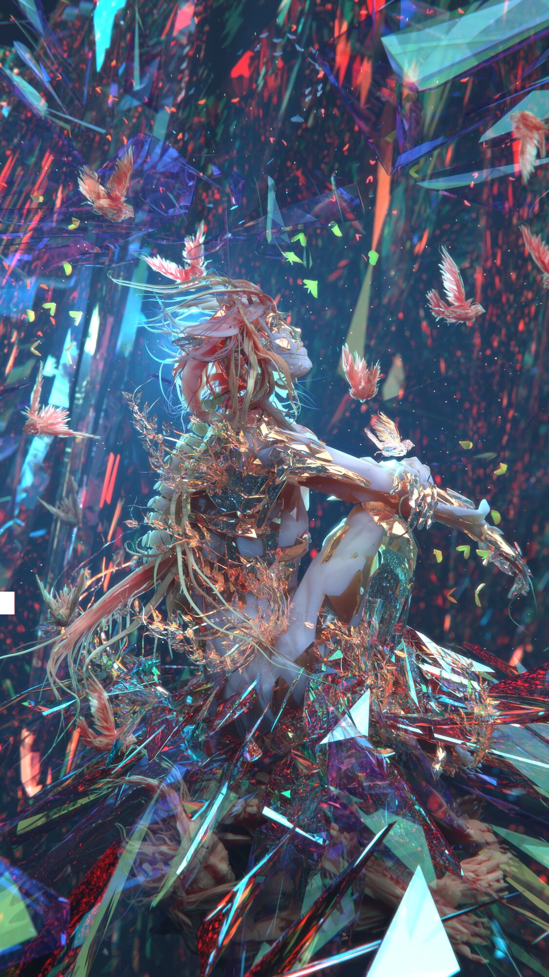 Figure with iridescent crystal and feather forms