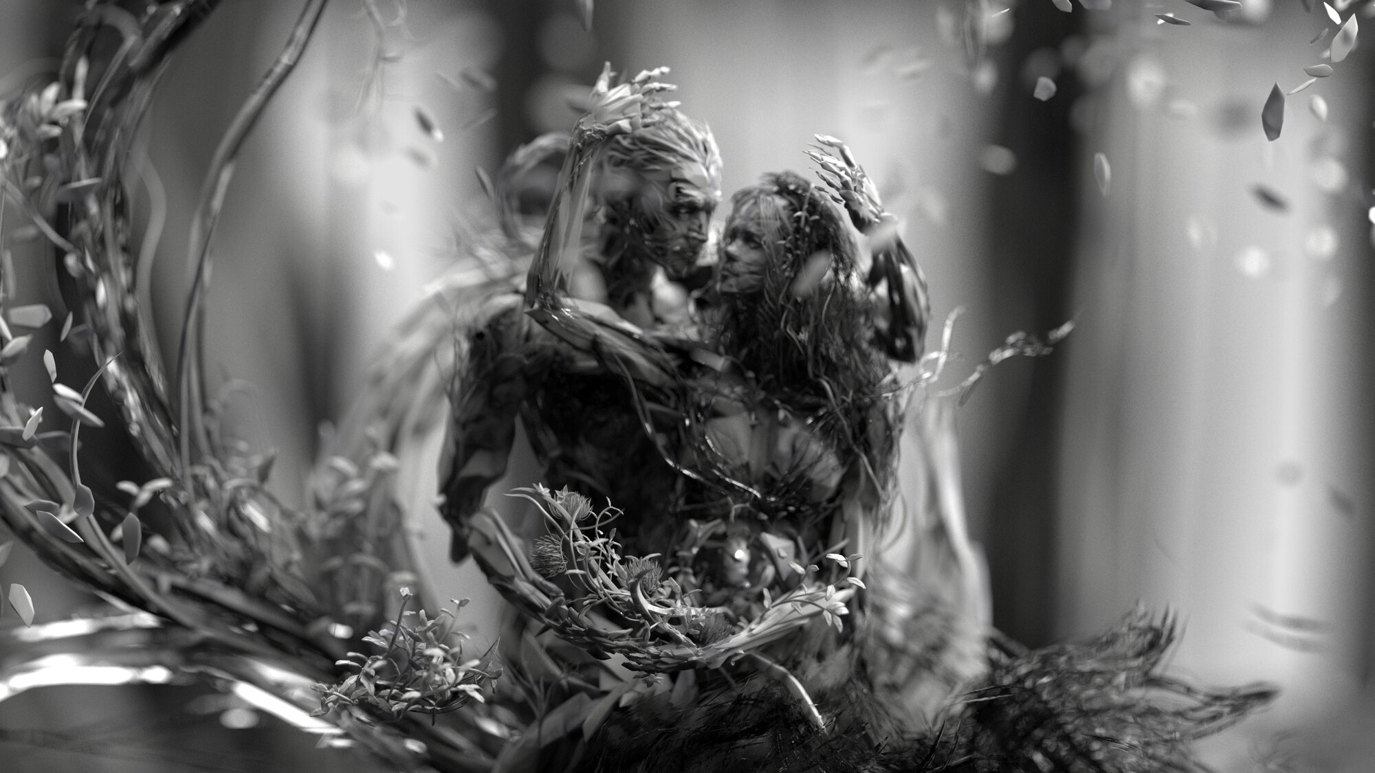 Two embracing sculptural figures, greyscale