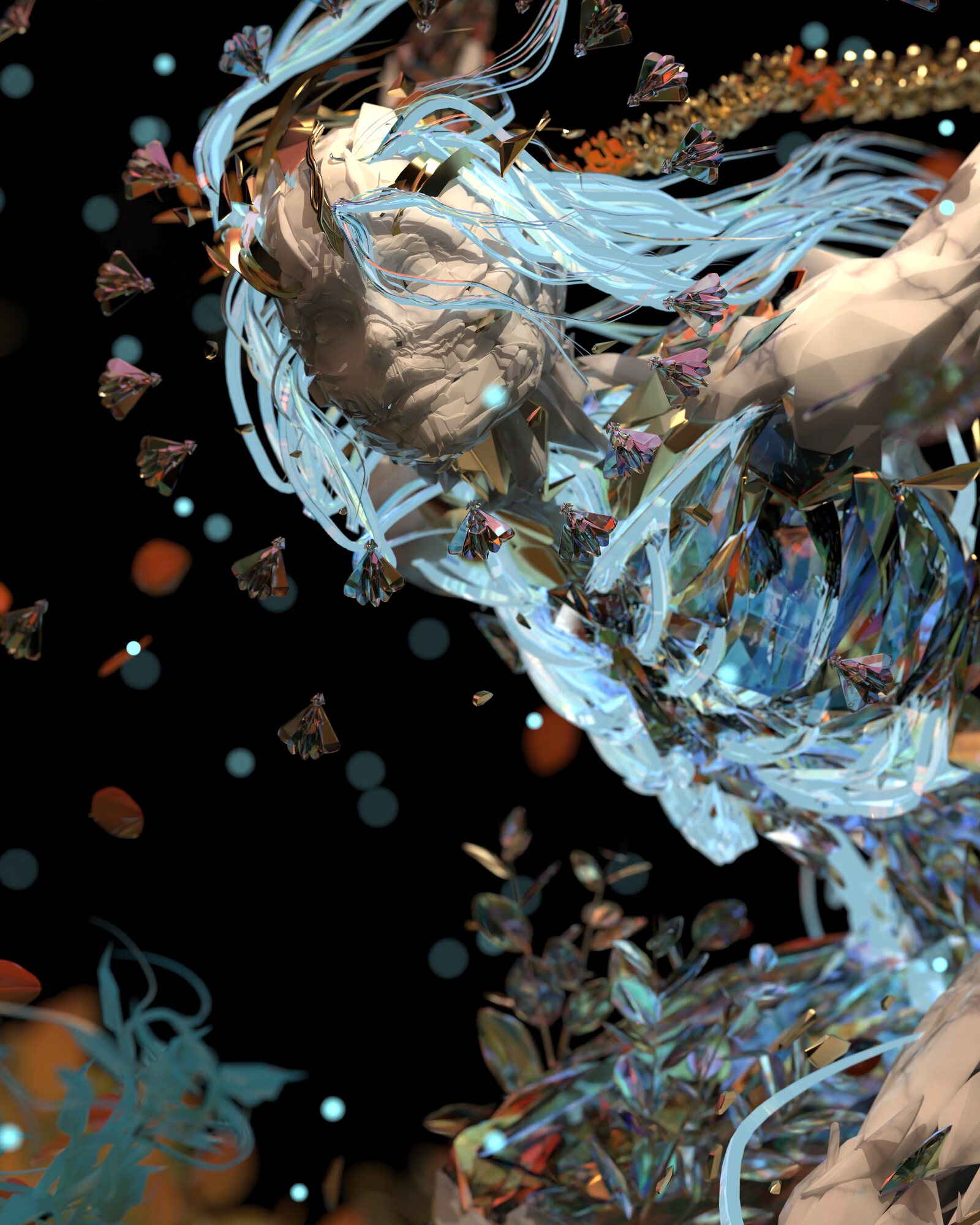 Digital sculpture, marble head bound in wire and roses