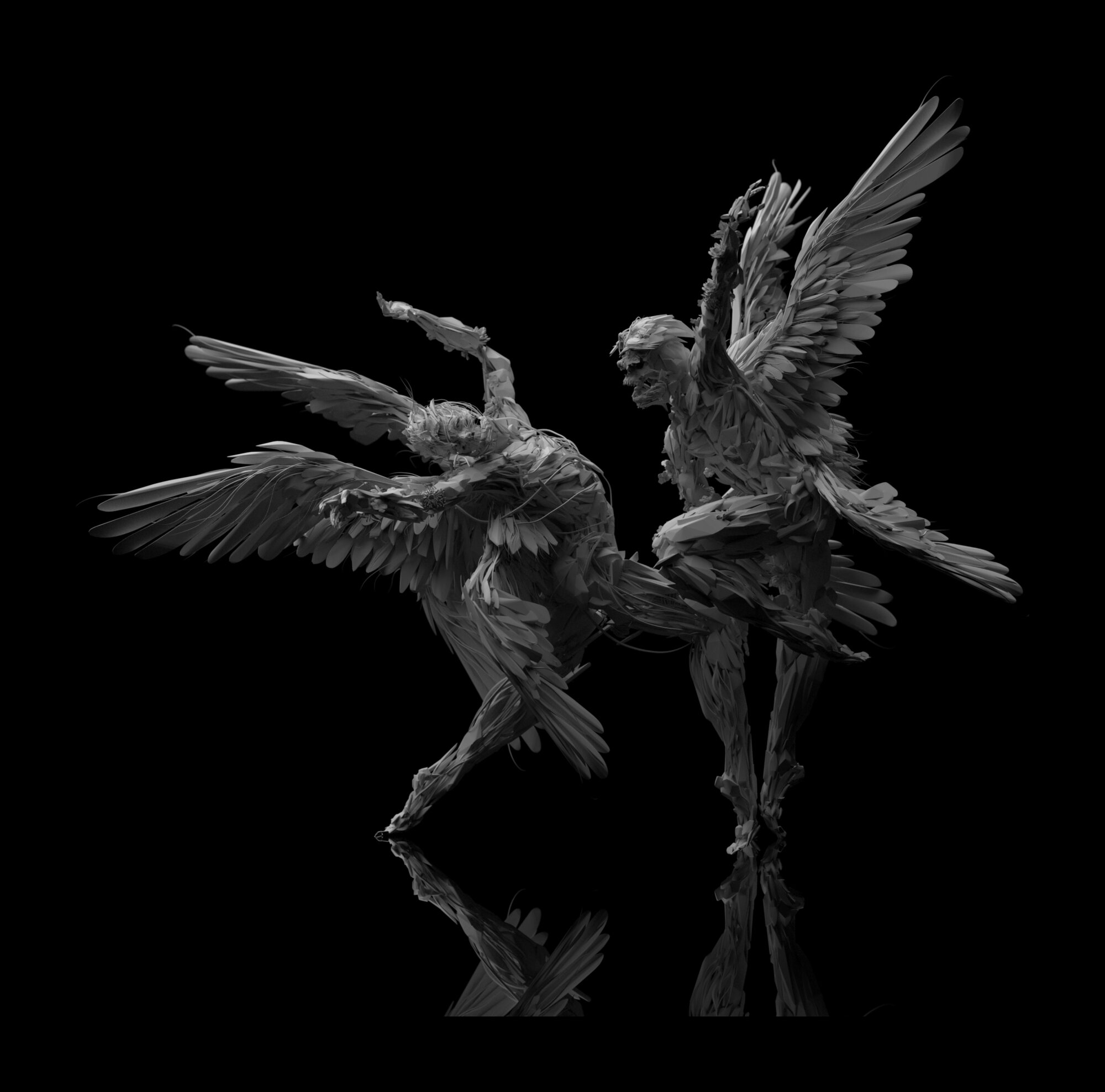 Two winged sculptural figures dancing, greyscale