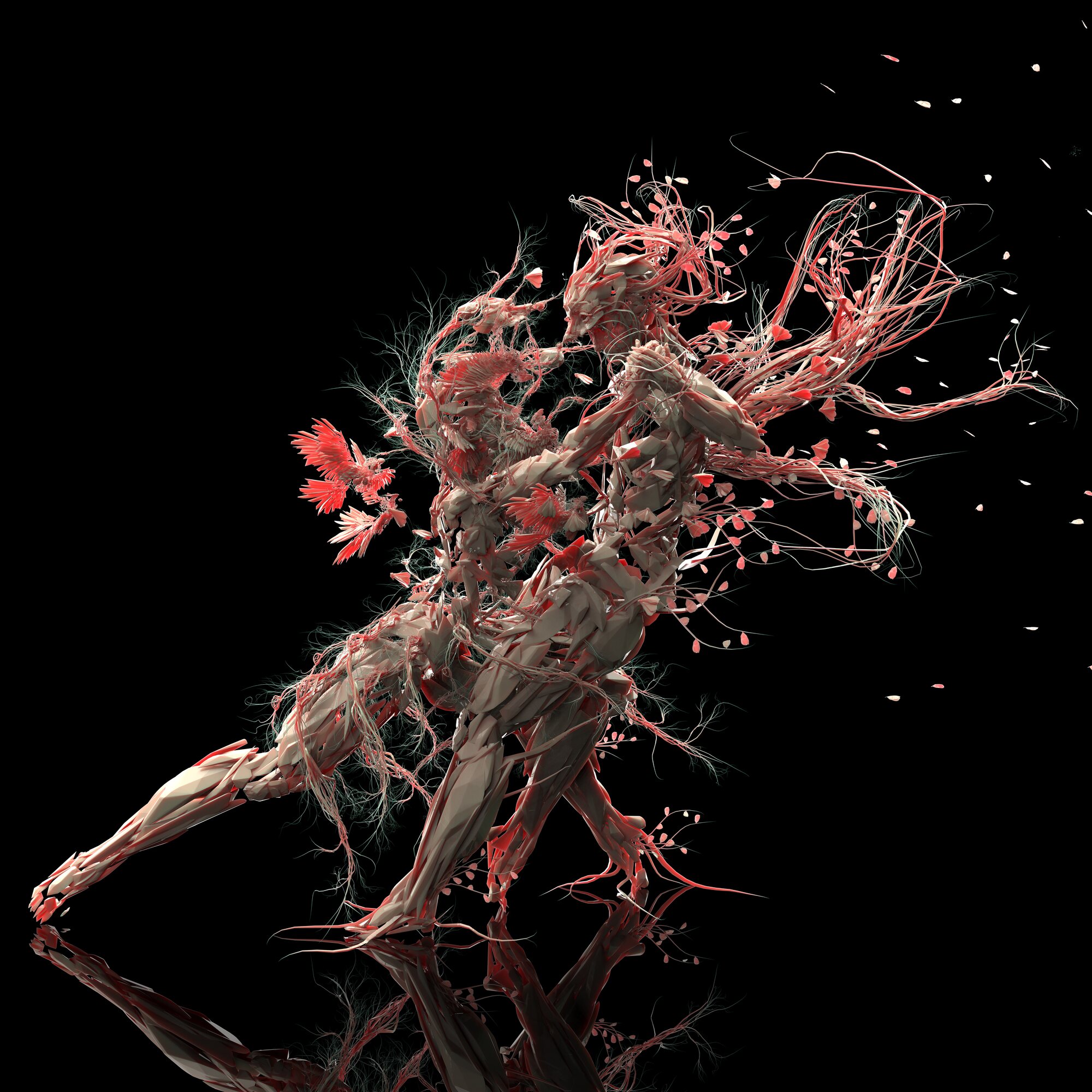 Two entwined winged figures, red and bone tones on black