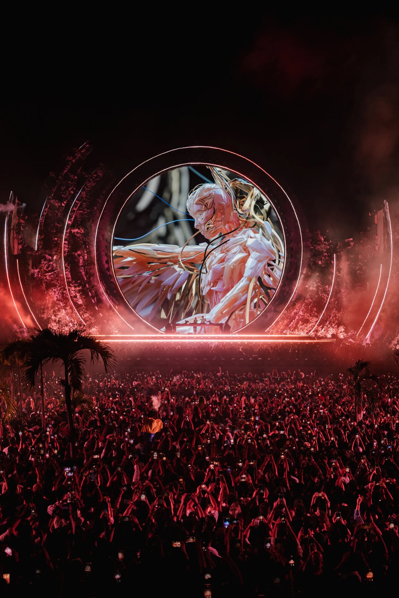 Giant Swan digital sculpture as live music visuals, festival stage screen
