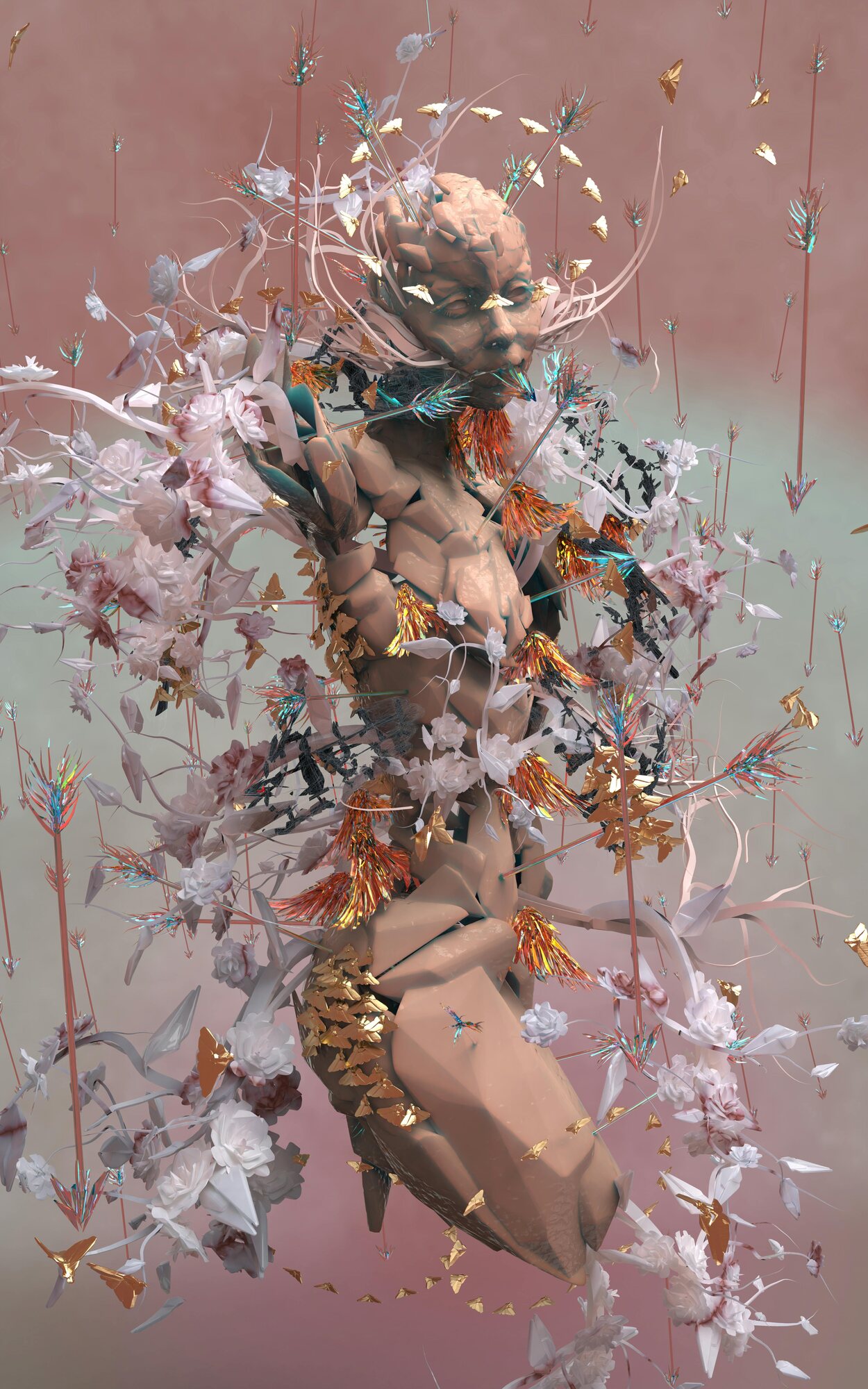 Implosion, figure with gold and floral motifs