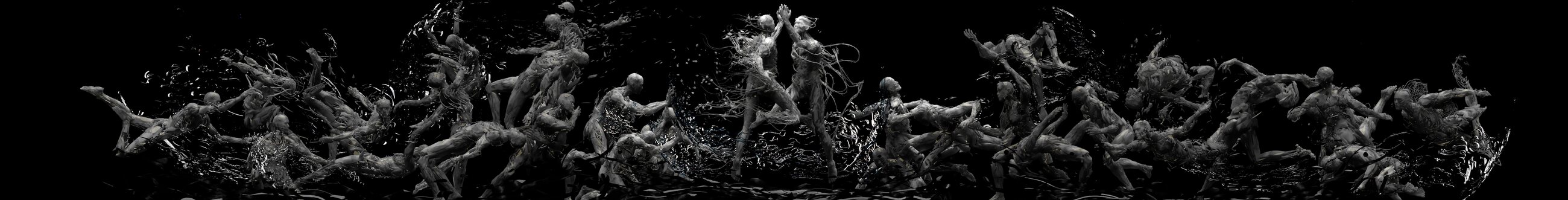 Wide frieze of sculptural figures in motion, greyscale