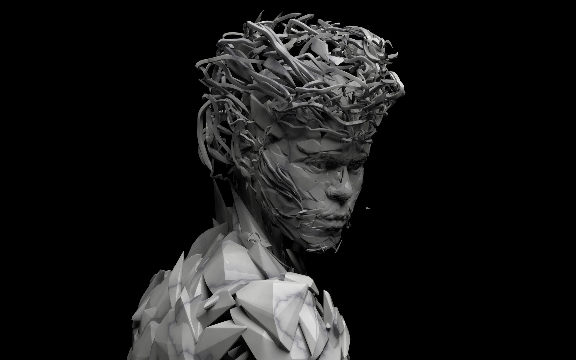 Marble bust with tangled wire hair, profile view