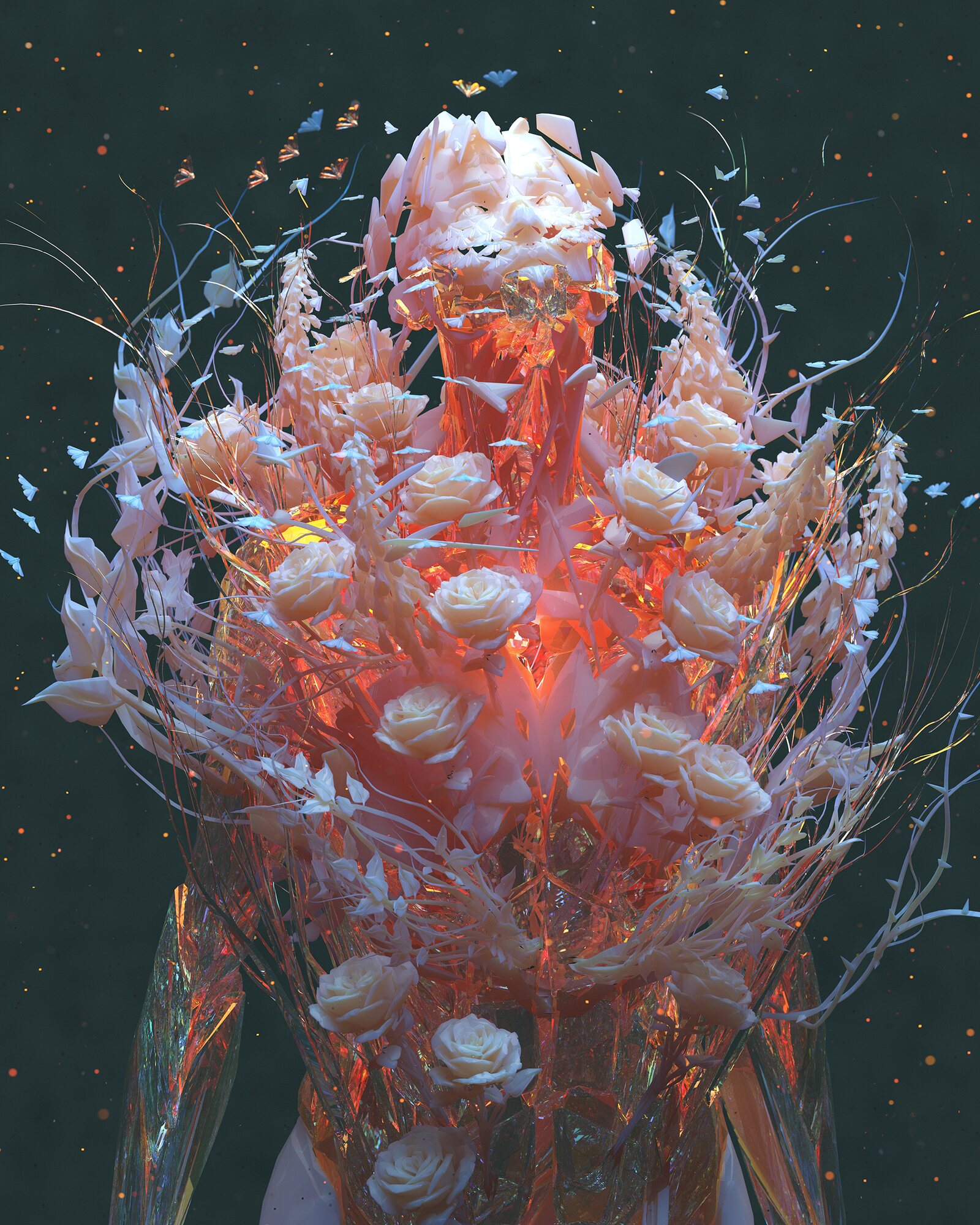 Head composed of white roses, glowing amber light